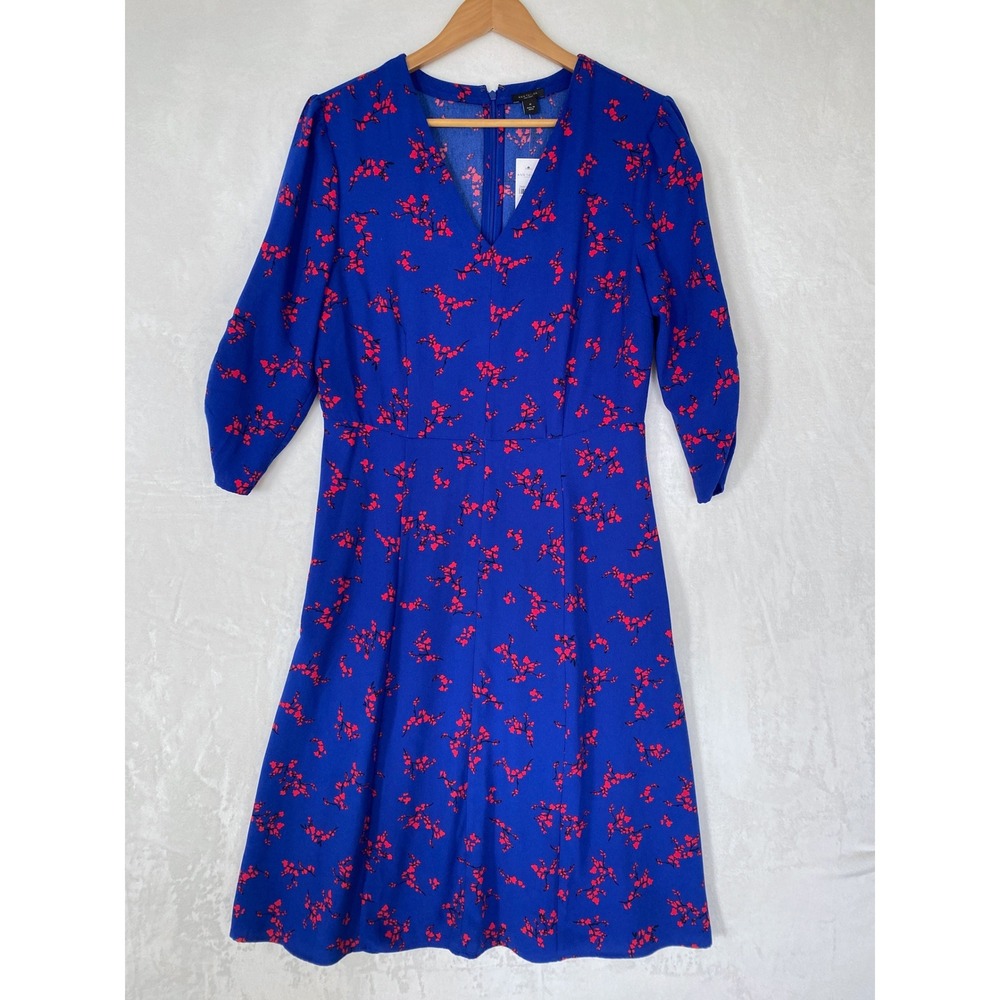 Ann Taylor Factory Blue w/ ReFloral Midi Dress Size 10 V Neck 3/4 Sleeve NEW